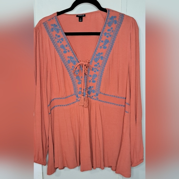 Burnt Orange Babydoll Gauze Lace Up Shirt with Embroidered, Crocheted Accents - Picture 5 of 10